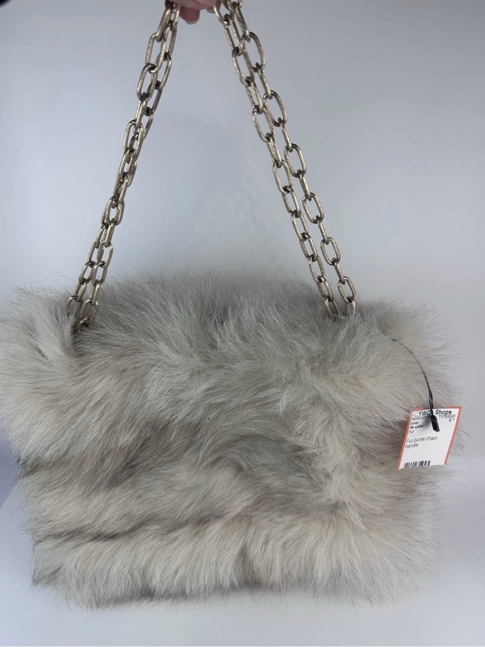 Faux Fur Purse Bag Chain Handle Women’s White/Gray